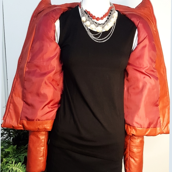 NEW SAMMI❤Red-Black Fur Hooded Faux Leather Bomber Short Winter Jacket - Picture 6 of 14